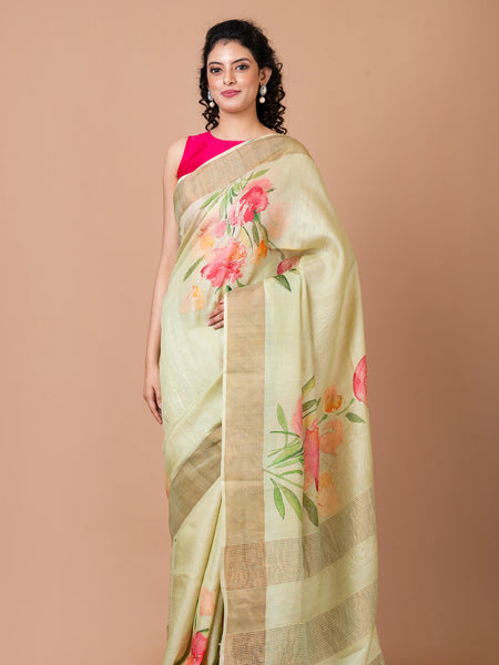 Flower Fantasy Premium Mint Green Tussar Silk Saree for Festive and Occasion Wear
