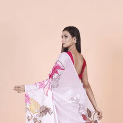 Lightweight Lavender Chinon Silk Saree with Modern Floral Design