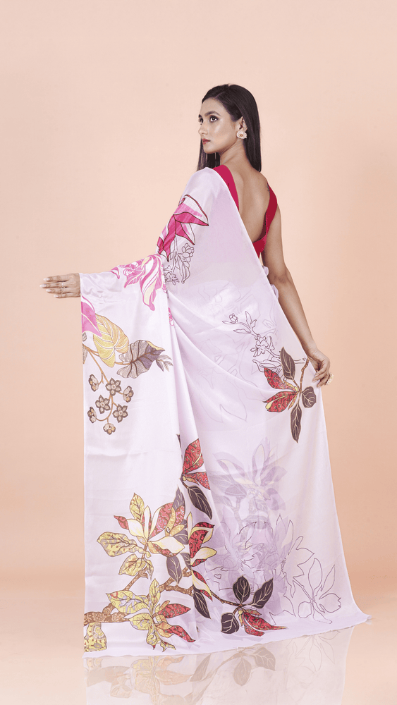 Lightweight Lavender Chinon Silk Saree with Modern Floral Design