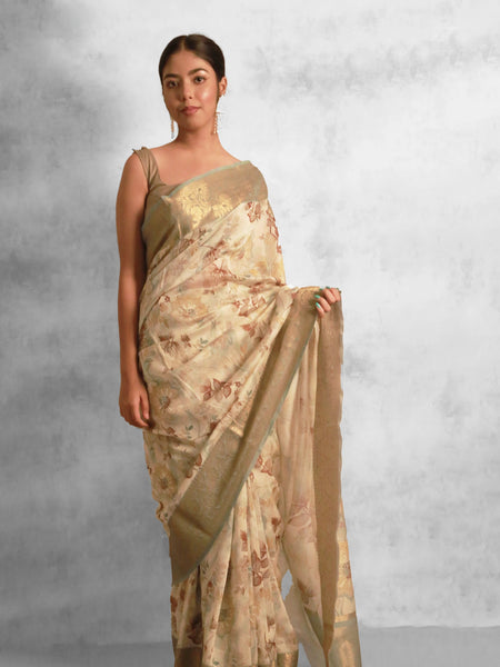 Tanquil blooms Cream Chanderi Zari Woven Saree with Pale Green Border – Elegant Ethnic Wear for Women