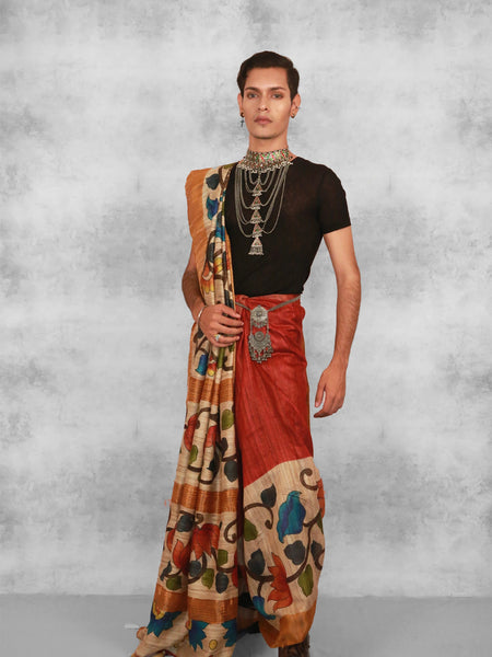 Kumudini Elegant Cream Tussar Silk Saree with Orange Woven Zari Border – Festive & Traditional Ethnic Wear