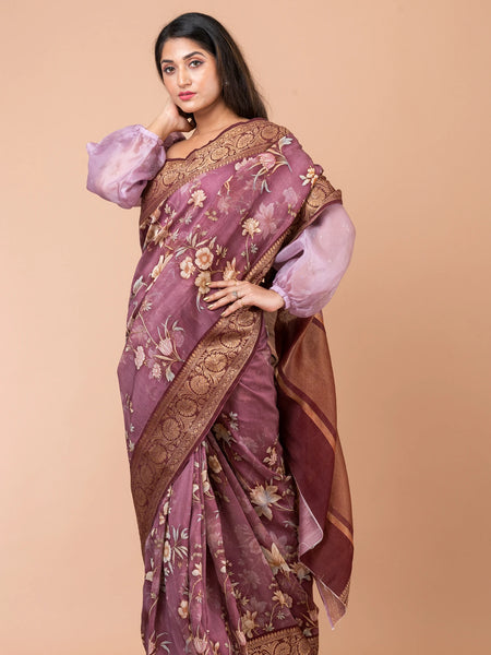 Mahak | Designer Moderate Purple Chanderi Saree with Rich Maroon Zari Work