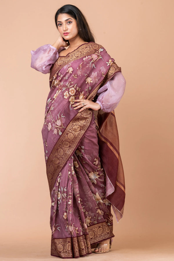 Mahak | Designer Moderate Purple Chanderi Saree with Rich Maroon Zari Work