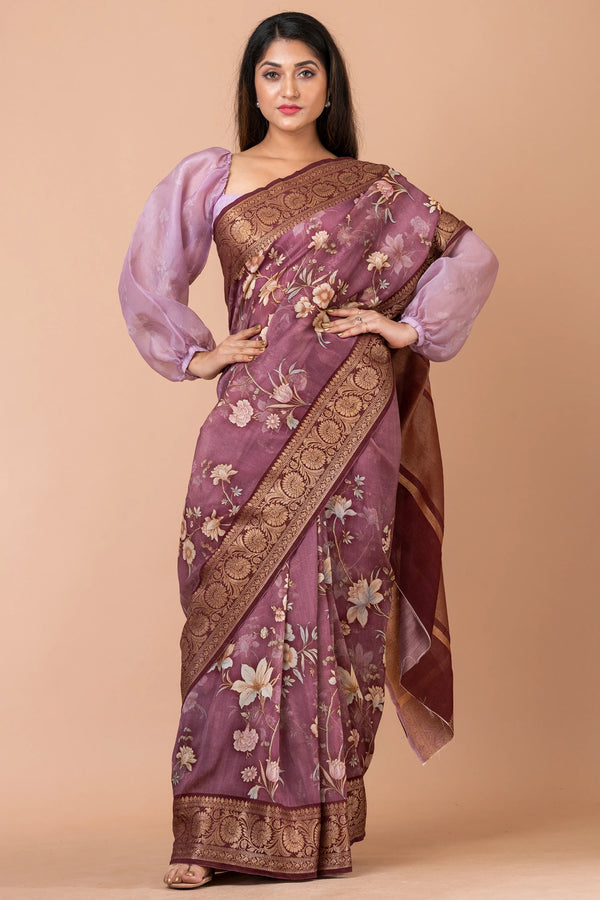 Mahak | Designer Moderate Purple Chanderi Saree with Rich Maroon Zari Work