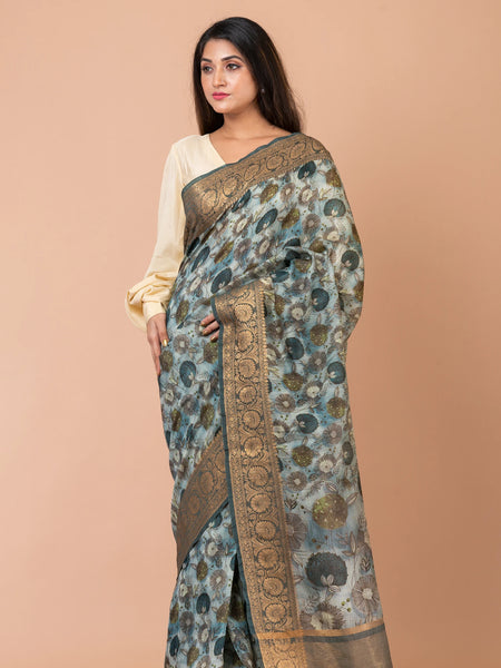 Udaar | Premium Steel Grey Chanderi Zari Woven Saree with Elegant Border