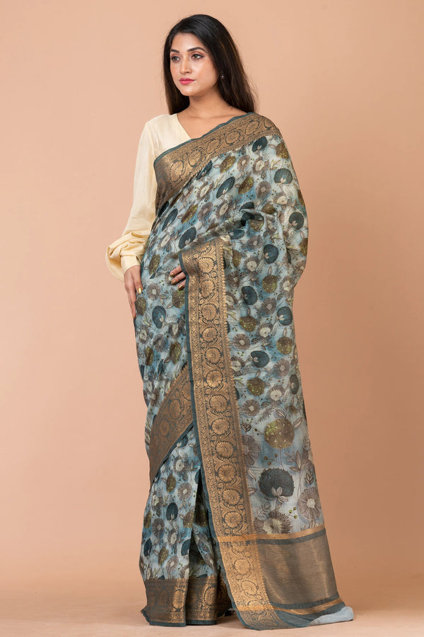 Udaar | Premium Steel Grey Chanderi Zari Woven Saree with Elegant Border