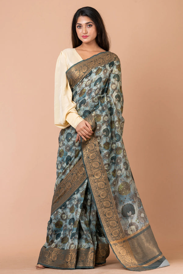 Udaar | Premium Steel Grey Chanderi Zari Woven Saree with Elegant Border