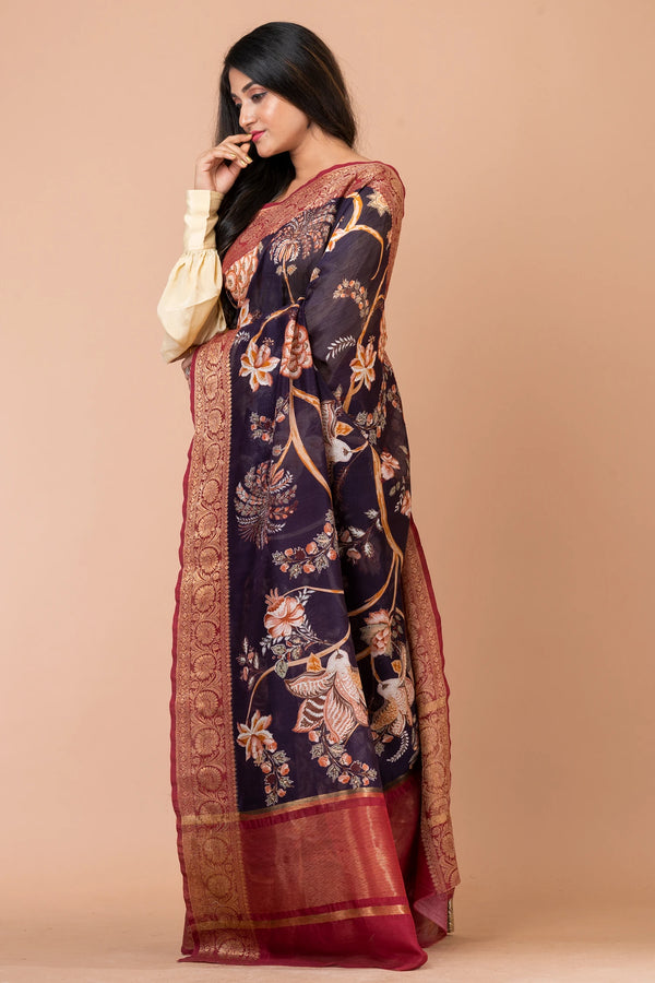 Amulya Purple and Red Chanderi Zari Woven Saree with Elegant Border Work
