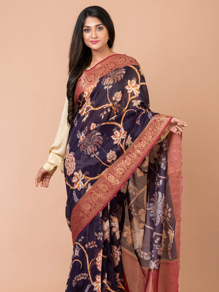 Amulya Purple and Red Chanderi Zari Woven Saree with Elegant Border Work
