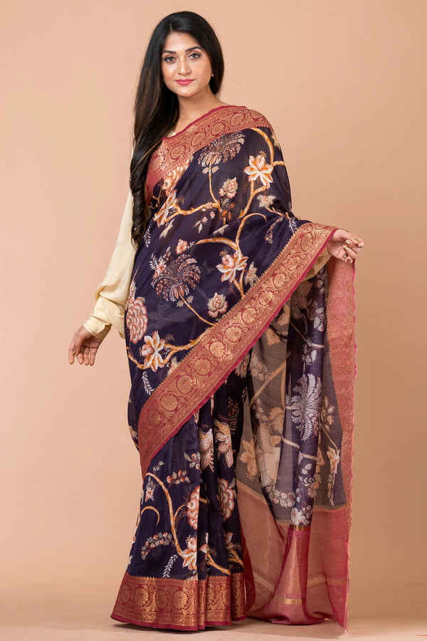 Amulya Purple and Red Chanderi Zari Woven Saree with Elegant Border Work