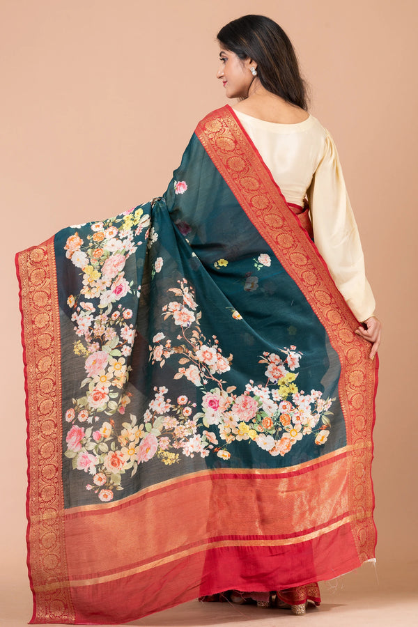 Phooldari Bottle Green Chanderi Zari Woven Saree with Elegant Traditional Border