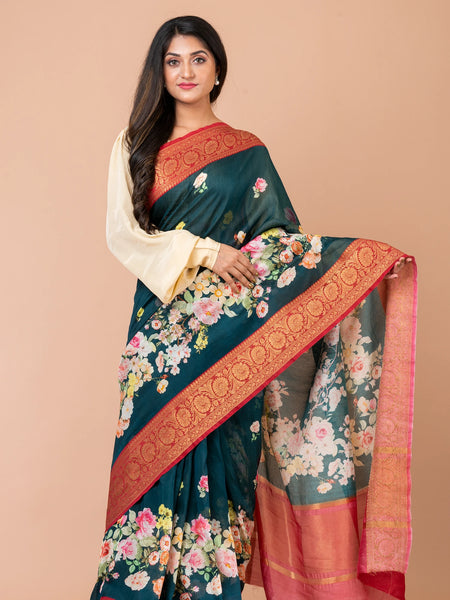 Phooldari Bottle Green Chanderi Zari Woven Saree with Elegant Traditional Border