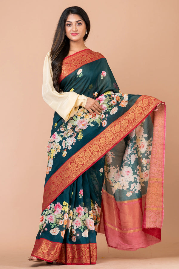 Phooldari Bottle Green Chanderi Zari Woven Saree with Elegant Traditional Border