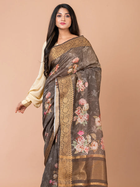 Mridul Premium Grey Chanderi Saree with Rich Zari Weaving Detail