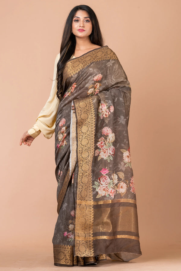 Mridul Premium Grey Chanderi Saree with Rich Zari Weaving Detail