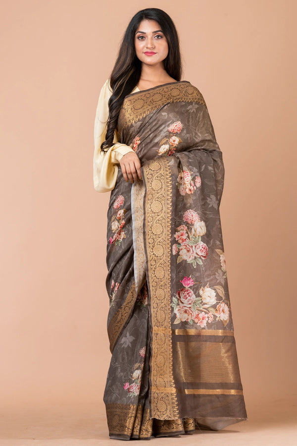 Mridul Premium Grey Chanderi Saree with Rich Zari Weaving Detail