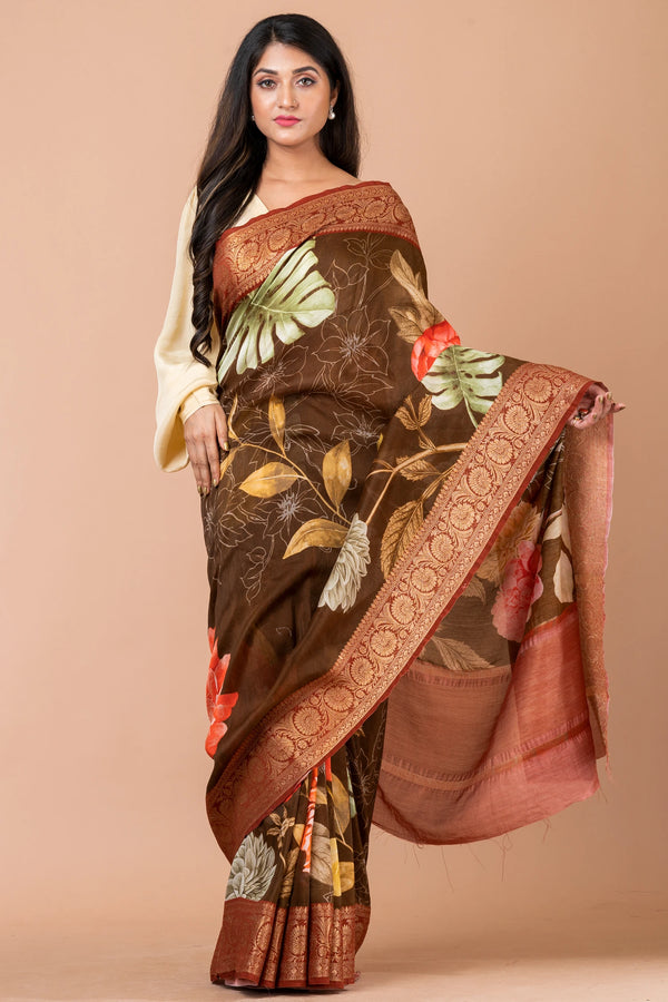Vishaal | Brown and Maroon Chanderi Zari Woven Saree with Traditional Border
