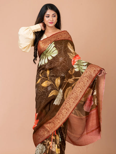 Vishaal | Brown and Maroon Chanderi Zari Woven Saree with Traditional Border