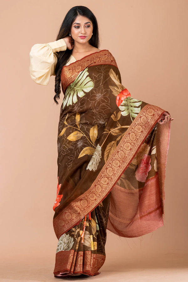 Vishaal | Brown and Maroon Chanderi Zari Woven Saree with Traditional Border
