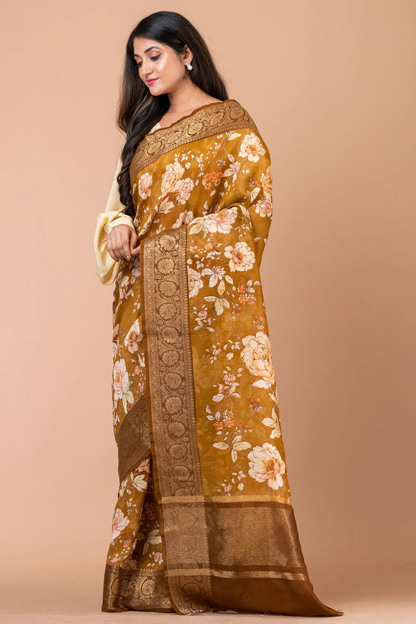 Utsaah | Premium Brown Mehendi Chanderi Saree with Rich Zari Weaving