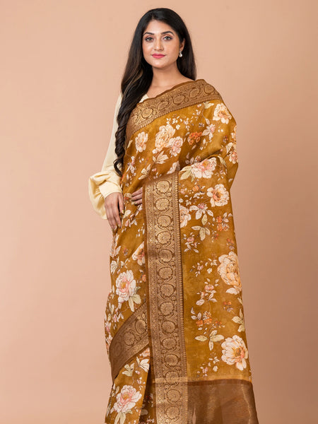 Utsaah | Premium Brown Mehendi Chanderi Saree with Rich Zari Weaving