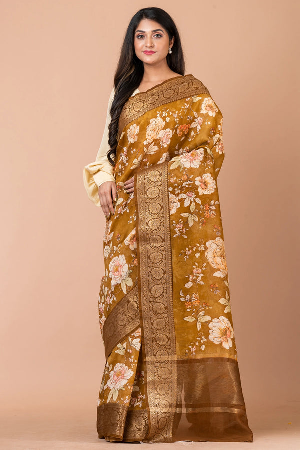 Utsaah | Premium Brown Mehendi Chanderi Saree with Rich Zari Weaving