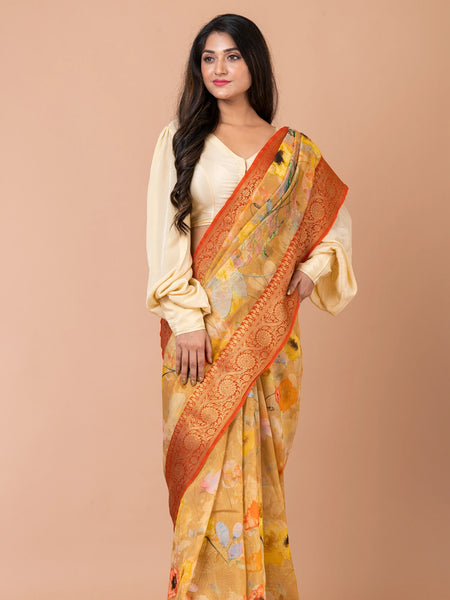 Samarth Designer Beige Chanderi Zari Saree with Mustard Yellow Orange Contrast Border