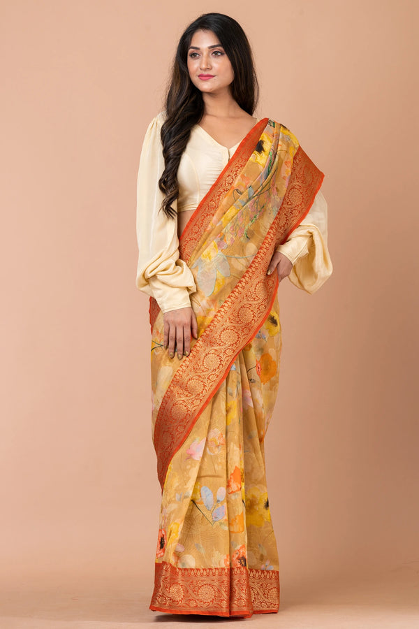Samarth Designer Beige Chanderi Zari Saree with Mustard Yellow Orange Contrast Border