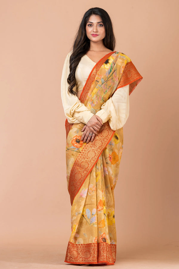 Samarth Designer Beige Chanderi Zari Saree with Mustard Yellow Orange Contrast Border