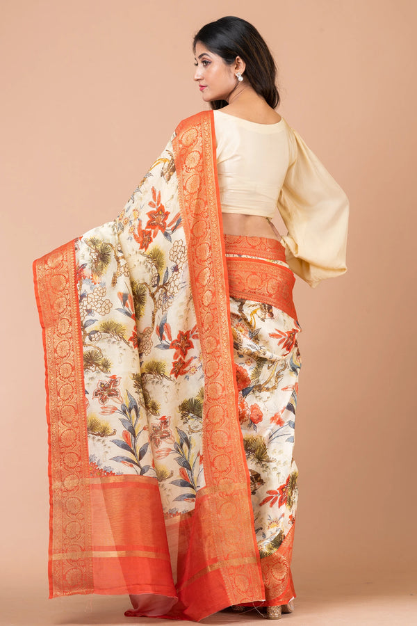 Manzil Premium Beige Zari Woven Chanderi Saree with Pale Yellow Orange Border