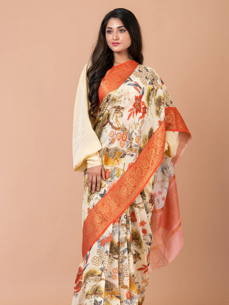 Manzil Premium Beige Zari Woven Chanderi Saree with Pale Yellow Orange Border