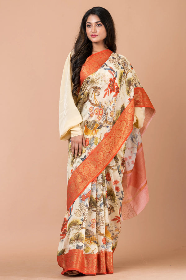 Manzil Premium Beige Zari Woven Chanderi Saree with Pale Yellow Orange Border