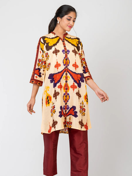 Ikat Harmony Yellow Raw Silk Kurti Set with Matching Silk Pants for Women