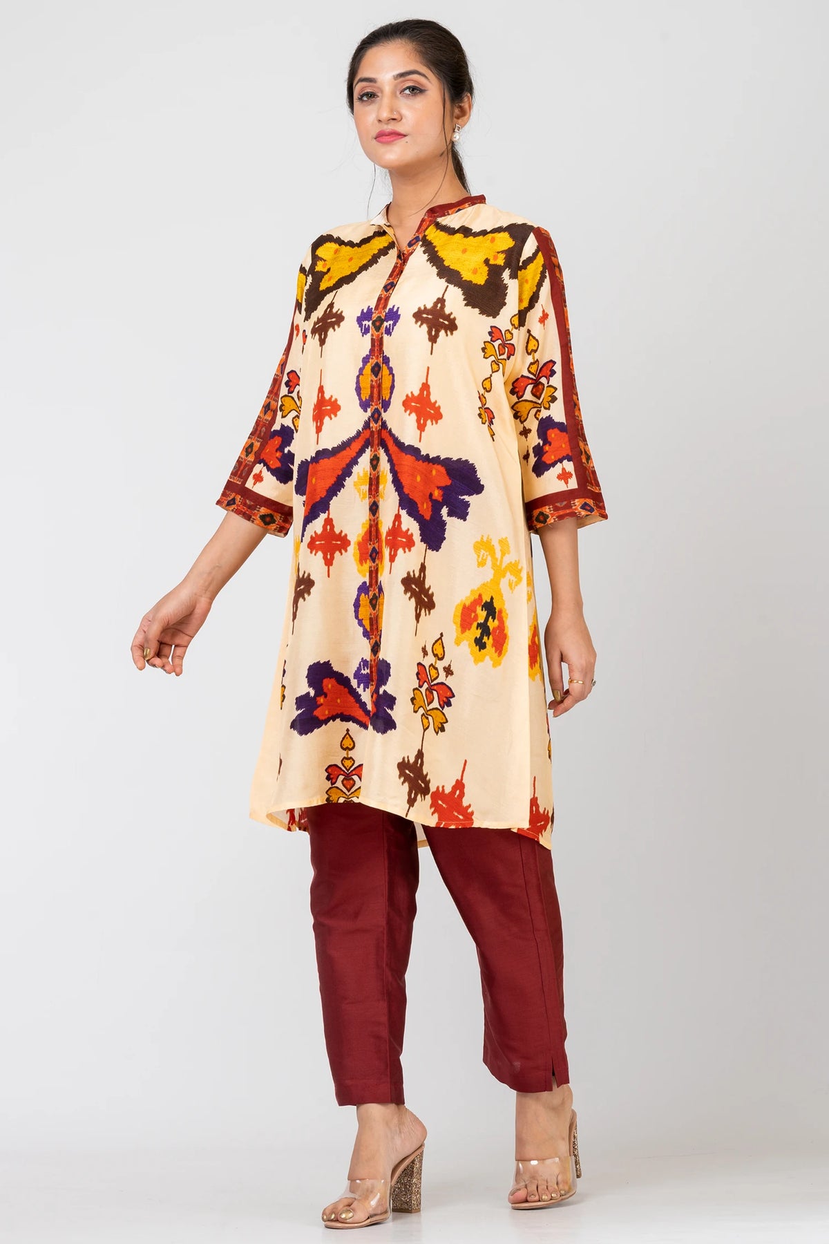 Ikat Harmony Yellow Raw Silk Kurti Set with Matching Silk Pants for Women