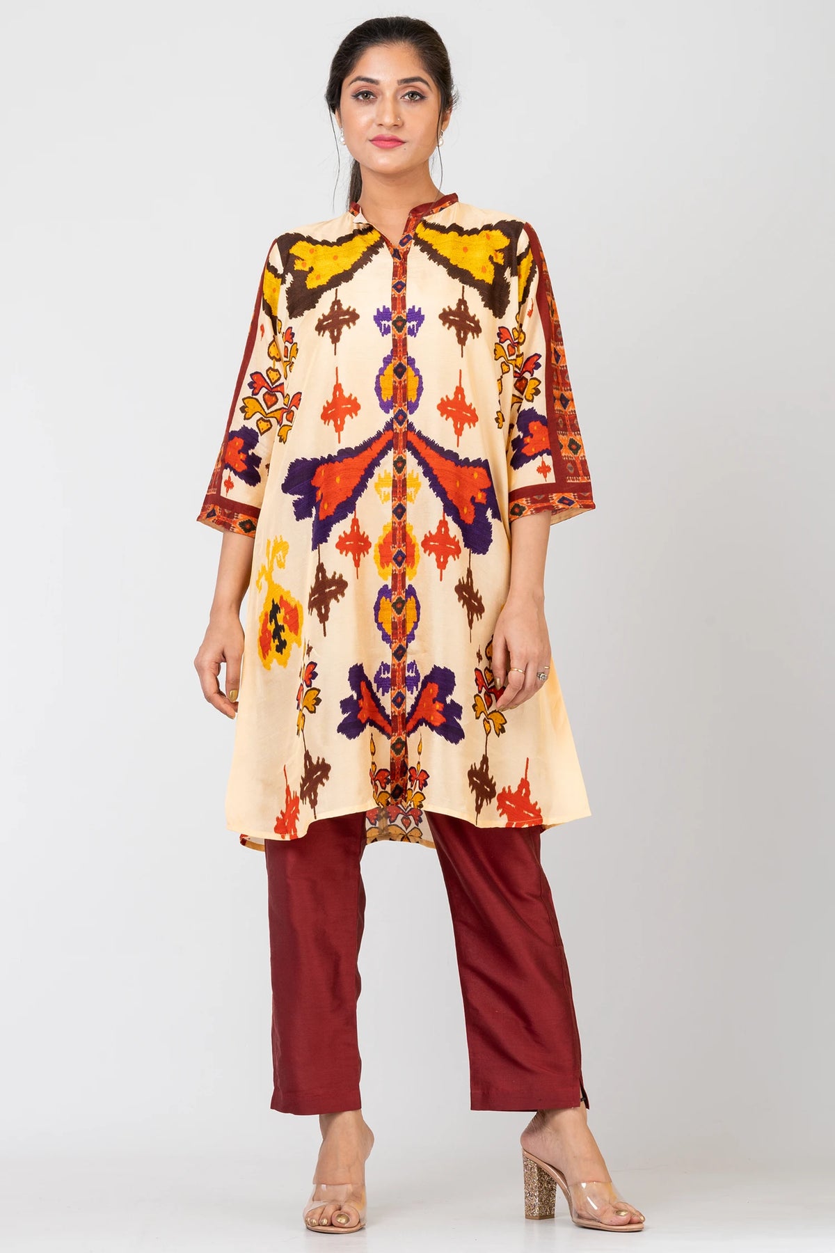 Ikat Harmony Yellow Raw Silk Kurti Set with Matching Silk Pants for Women
