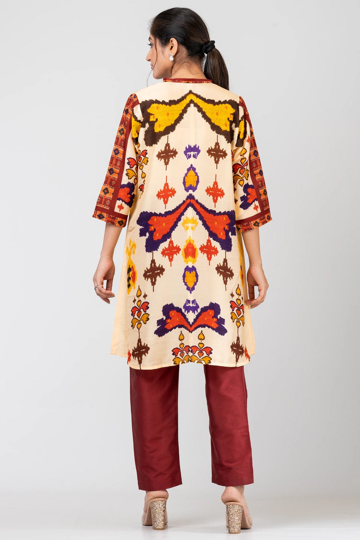 Ikat Harmony Yellow Raw Silk Kurti Set with Matching Silk Pants for Women