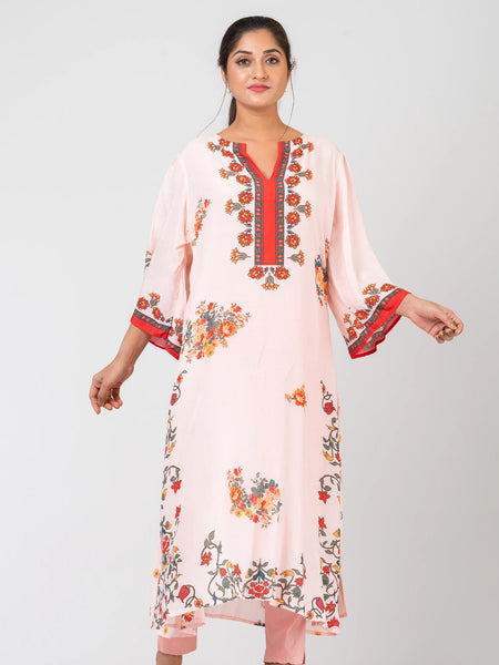Petal-Adorned Vines Premium Light Pink Ethnic Wear Set – Chanderi Kurti & Silk Pants