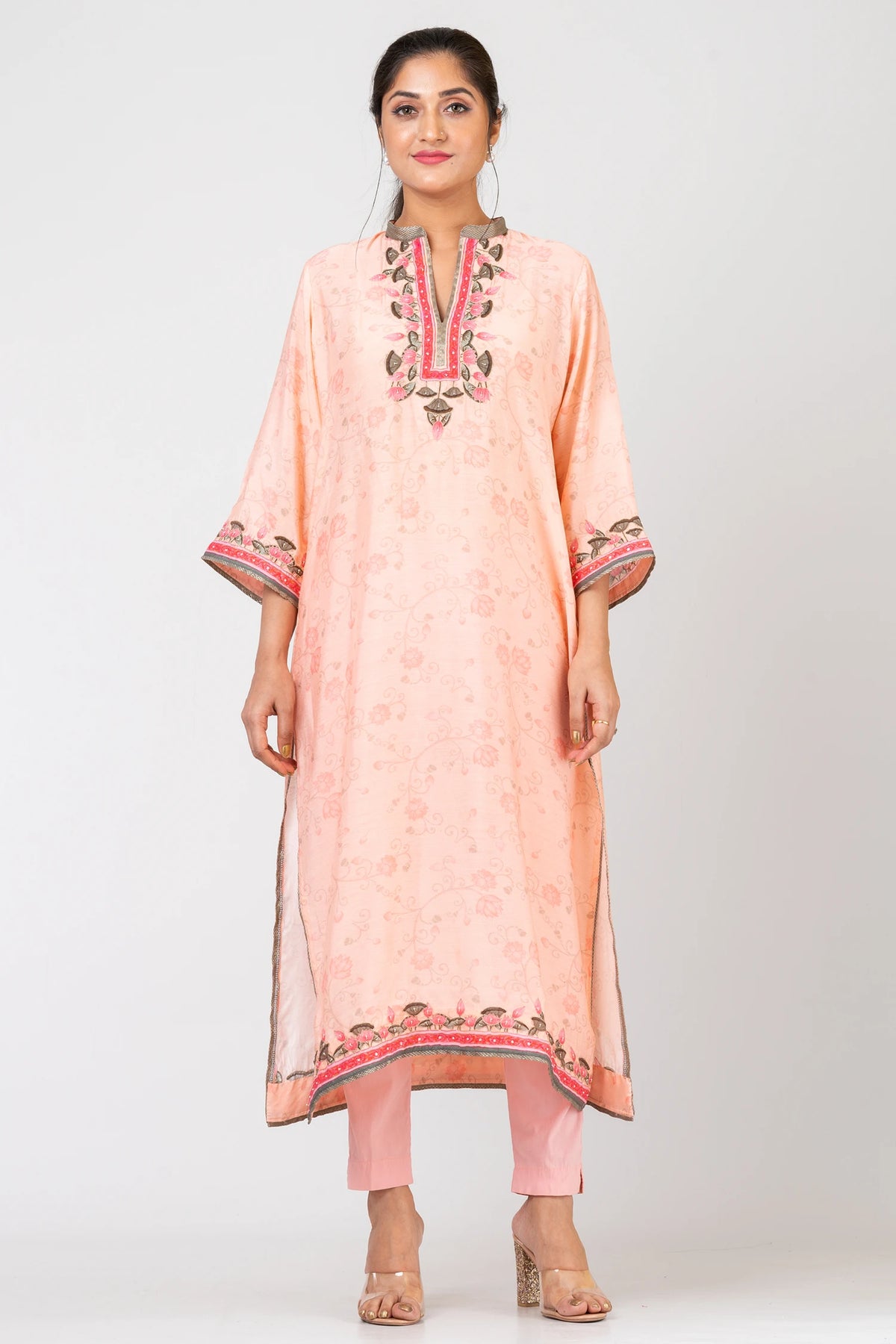 Peachy Dreamscape Peach Chanderi Ethnic Suit Set with Raw Silk Pants and Soft Chiffon Dupatta
