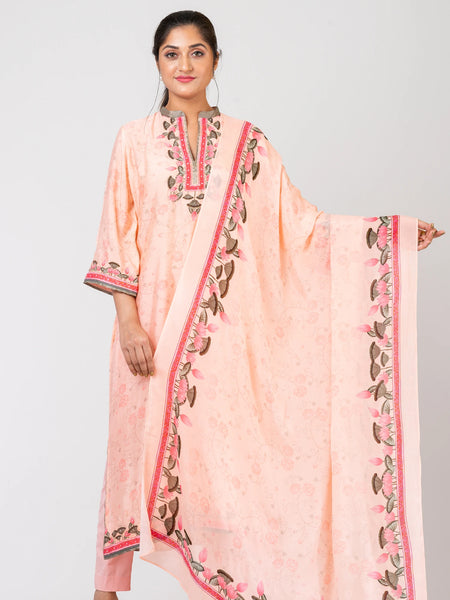 Peachy Dreamscape Peach Chanderi Ethnic Suit Set with Raw Silk Pants and Soft Chiffon Dupatta