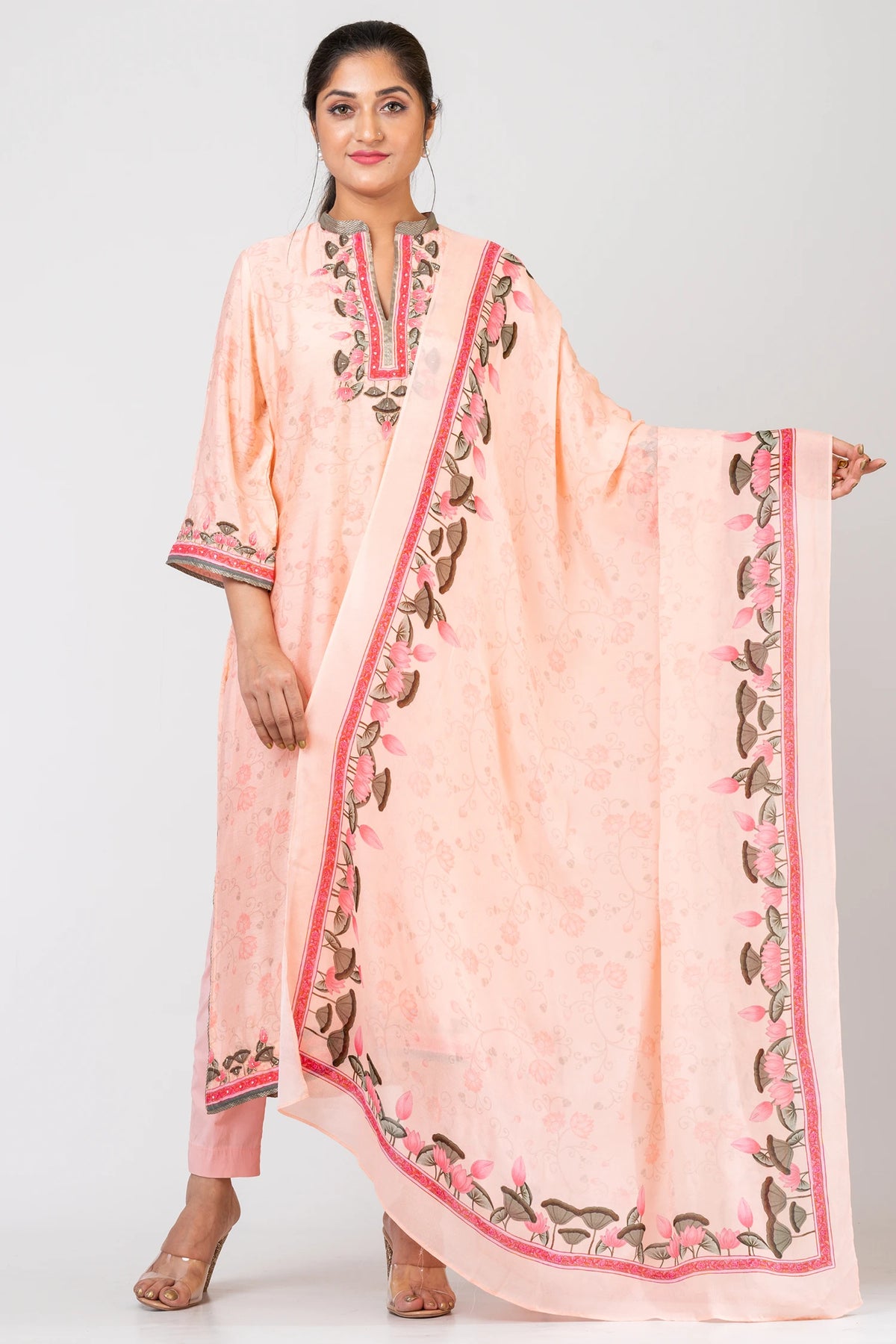 Peachy Dreamscape Peach Chanderi Ethnic Suit Set with Raw Silk Pants and Soft Chiffon Dupatta