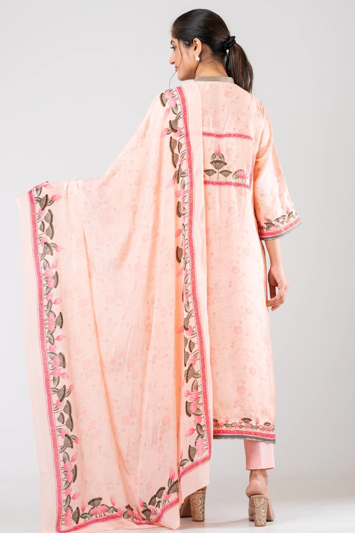 Peachy Dreamscape Peach Chanderi Ethnic Suit Set with Raw Silk Pants and Soft Chiffon Dupatta