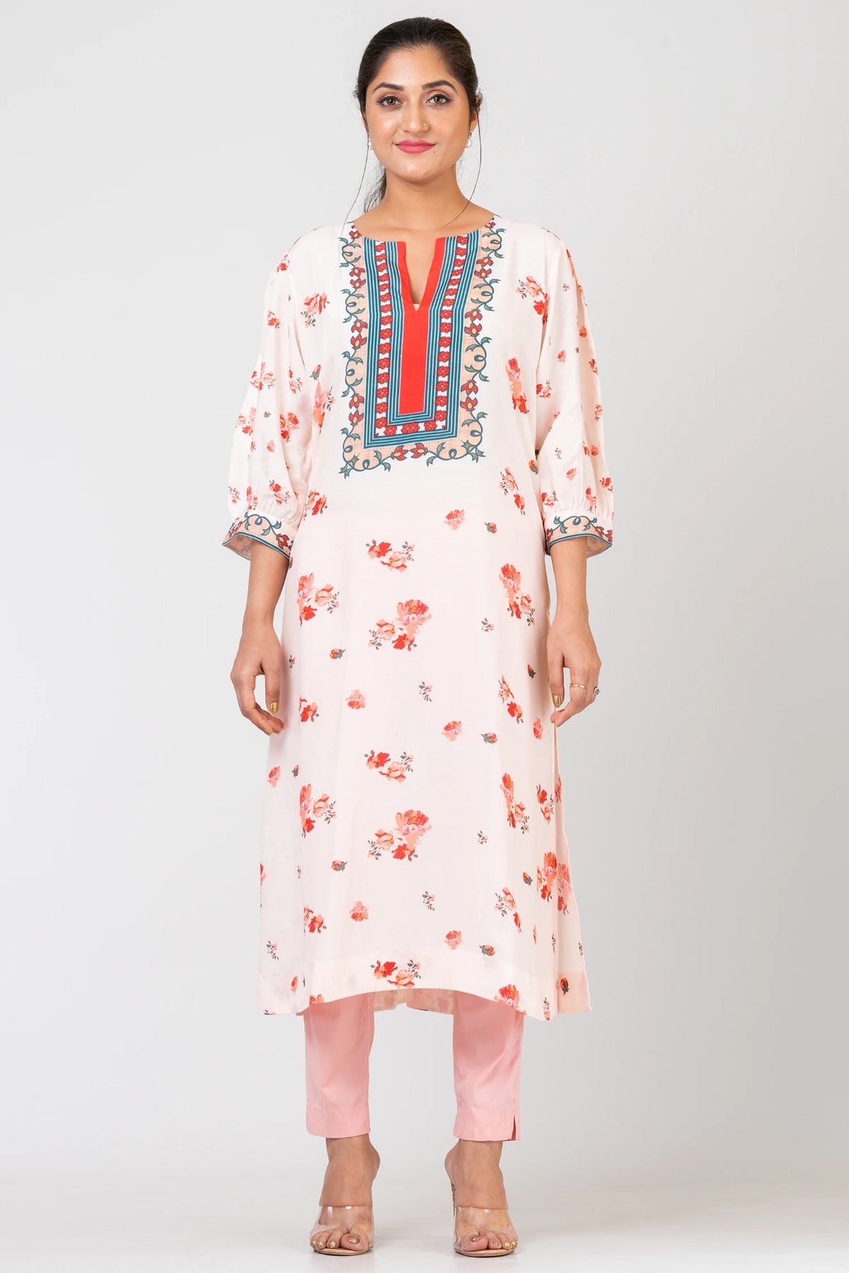 Peachy Charm Designer Peach Ethnic Set – Chanderi Kurti, Raw Silk Pants & Chiffon Dupatta