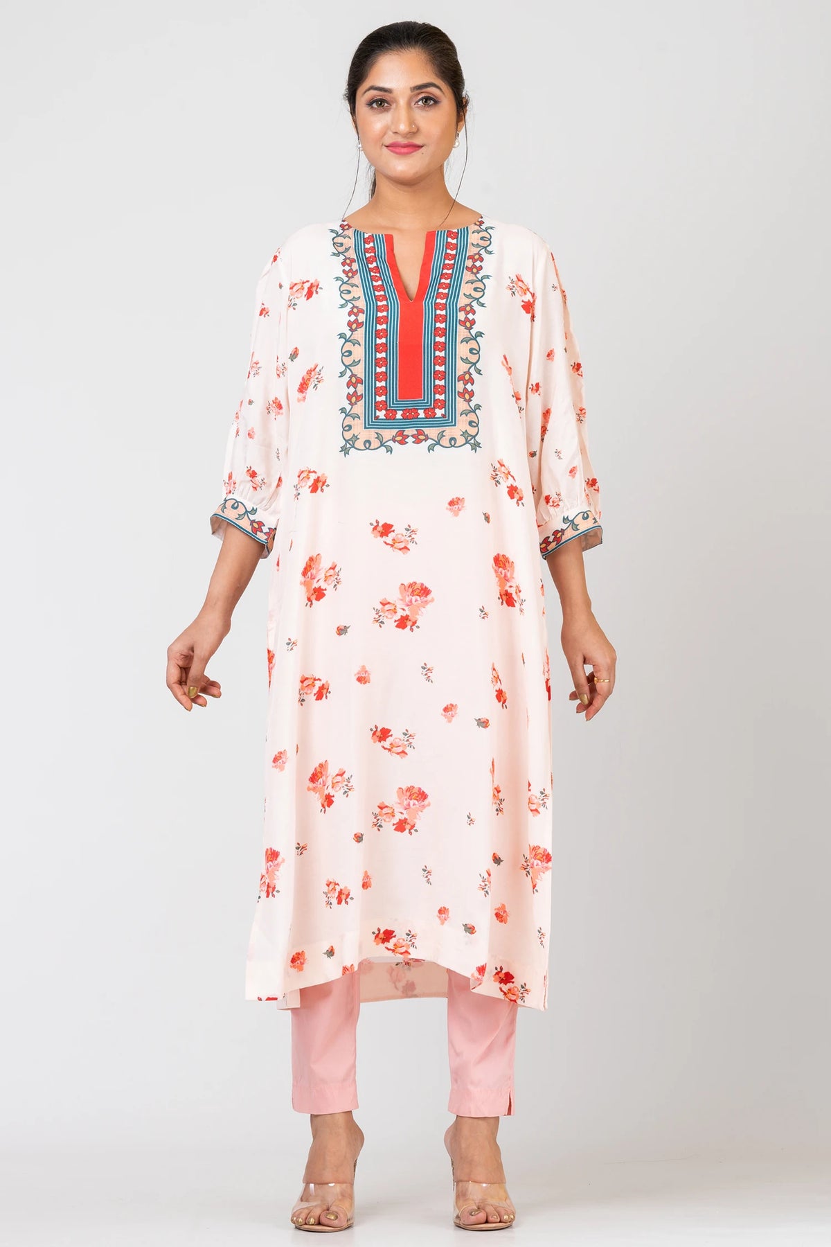 Peachy Charm Designer Peach Ethnic Set – Chanderi Kurti, Raw Silk Pants & Chiffon Dupatta