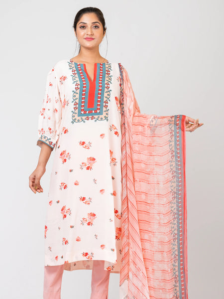 Peachy Charm Designer Peach Ethnic Set – Chanderi Kurti, Raw Silk Pants & Chiffon Dupatta