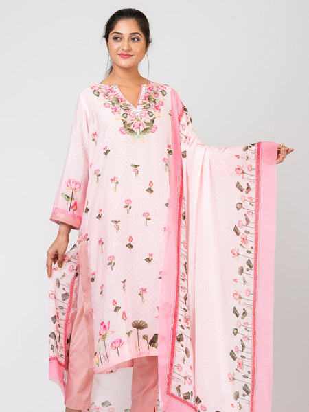 Blush Symphony Women's Light Pink Chanderi Suit Set with Raw Silk Pants & Flowing Chiffon Dupatta