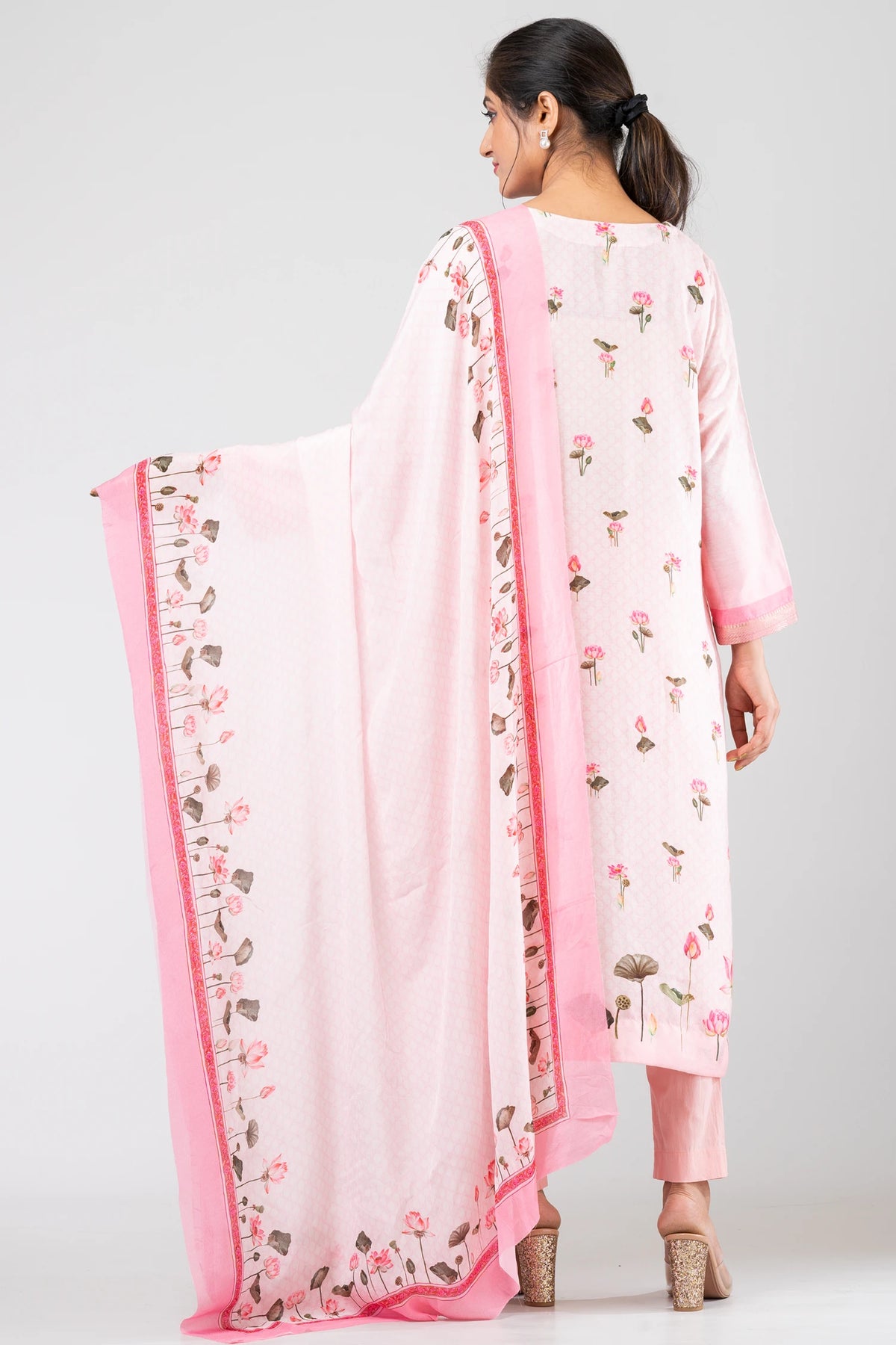 Blush Symphony Women's Light Pink Chanderi Suit Set with Raw Silk Pants & Flowing Chiffon Dupatta