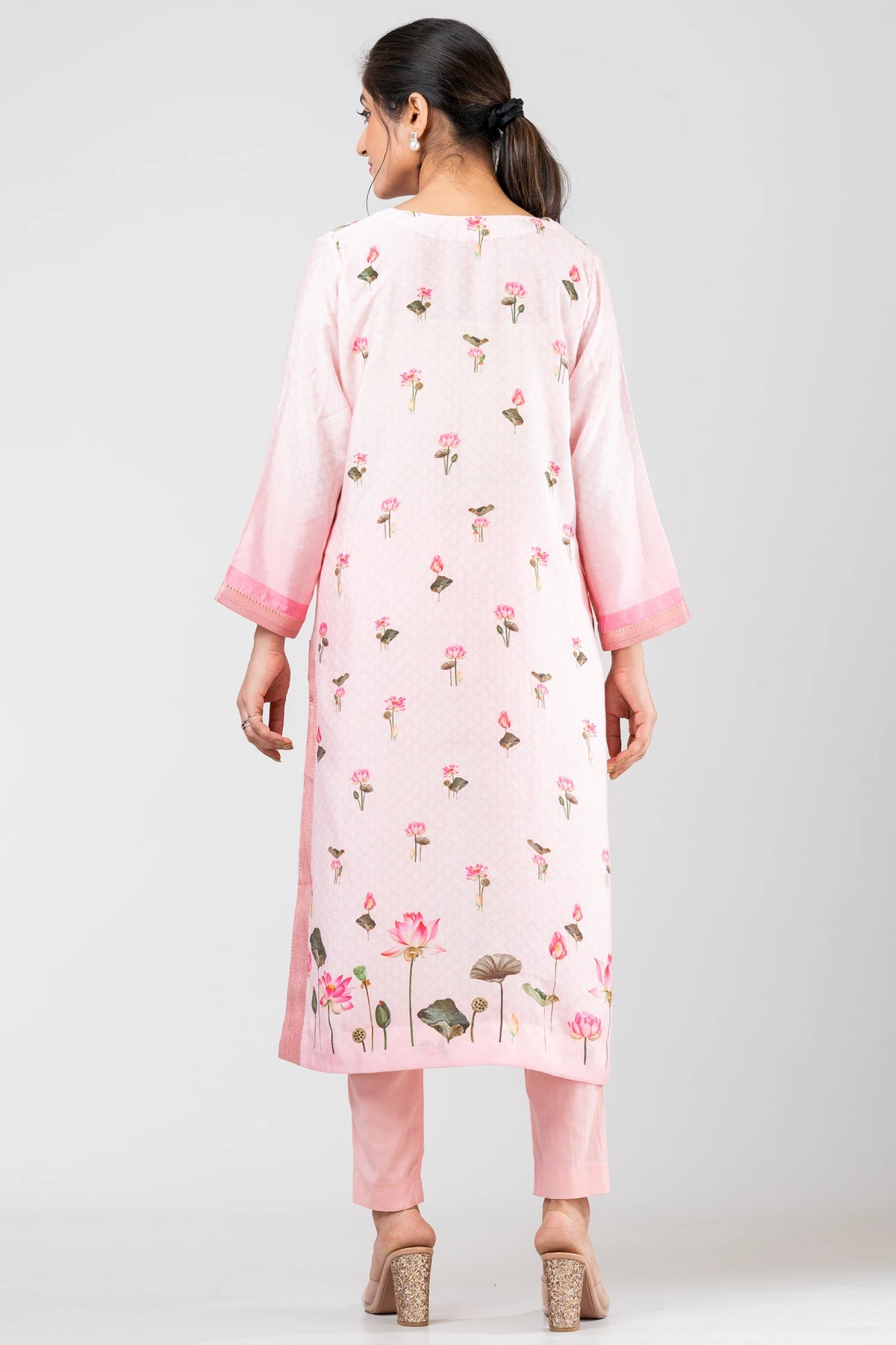 Blush Symphony Women's Light Pink Chanderi Suit Set with Raw Silk Pants & Flowing Chiffon Dupatta