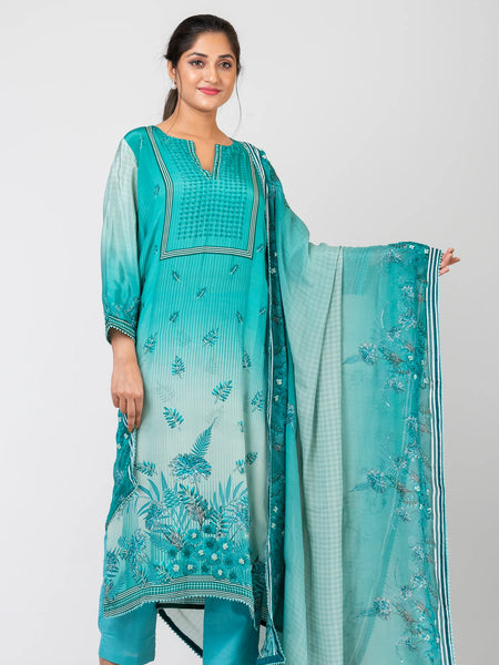 Blossom Cluster Premium Sky Blue Ethnic Kurti Set with Crepe Silk Kurta, Raw Silk Pants & Dupatta
