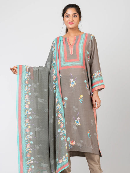 Posy Medley Elegant Grey Chanderi Kurta Set with Pants & Chiffon Dupatta