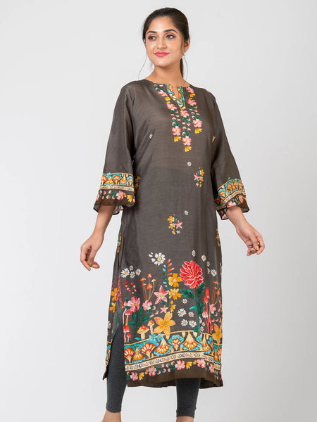 Petal Parade Grey Raw Silk Kurti Set with Pants & Dupatta for Women | Elegant Festive Wear